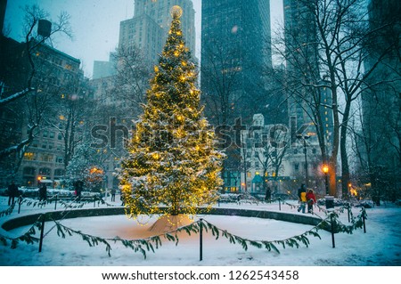 Scenic winter evening view of the glowing lights of a Christmas tree surrounded by the skyscrapers of Midtown Manhattan in Madison Square Park, New York City