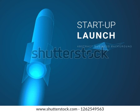 Abstract modern business background depicting startup launch in shape of a rocket ship on blue background.