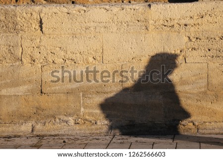 Silhouette of a person walking in a french street. Shadow of a lonely pedestrian projected on an ancient stone wall. Grey human being shape drawn on a brown textured surface by the sunlights.