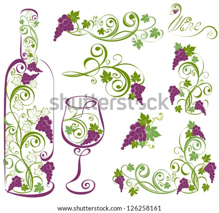 Wine bottle and wineglass with grapevines. Vector design elements. 