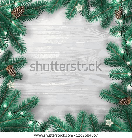 Creative frame made of Christmas fir branches on white wooden background with lights, pine cones. Xmas and New Year card. Vector Illustration