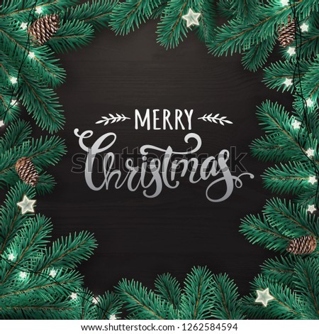 Creative frame made of Christmas fir branches. Silver Merry Christmas text on black wooden background with lights, pine cones. Xmas and New Year card. Vector Illustration