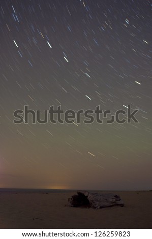 Big dipper and milky way in long exposure on beach with driftwood in foreground