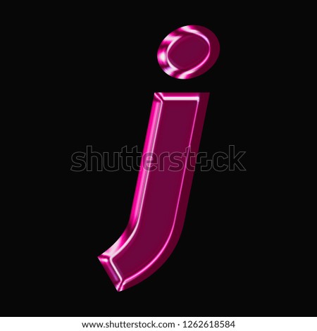 Shiny pink glass letter J (lowercase) in a 3D illustration with a smooth reflective metallic surface in a jagged edge font isolated on a black background with clipping path