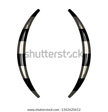 Vintage black and white striped glass set of parentheses in a 3D illustration with shiny glass highlights & a fun striped style in a libertine font on white with clipping path