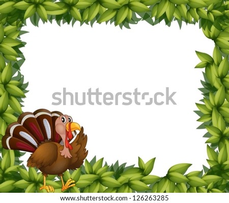 Illustration of a green frame border with a turkey on a white background