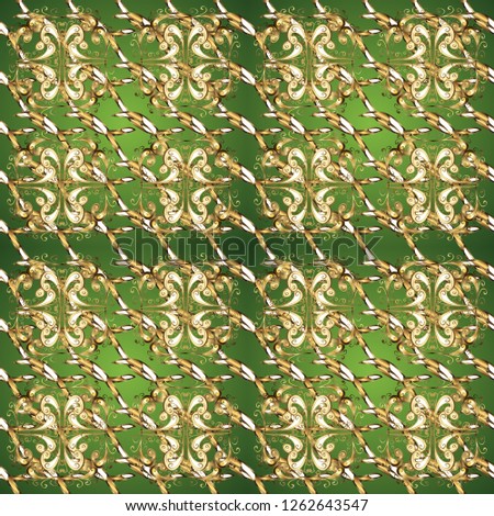 Vector vintage baroque floral seamless pattern in gold. Luxury, royal and Victorian concept. Ornate decoration. Golden pattern on a green and brown colors with golden elements.