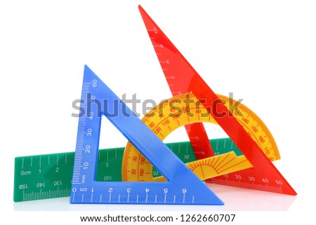 School drawing tools. Triangle, ruler, protractor on white background