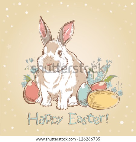 Easter bunny retro card with cute hand drawn flowers and  painted eggs