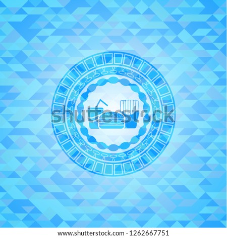 fast food icon inside sky blue emblem. Mosaic background