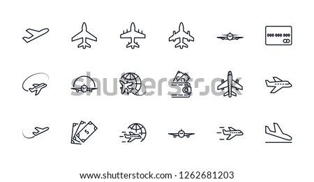 Set of Plane Vector Line icon. It contains symbols to aircraft, Credit Card, Wallet, Dollar, Money globe and more. Editable Stroke. 32x32 pixels Royalty-Free Stock Photo #1262681203