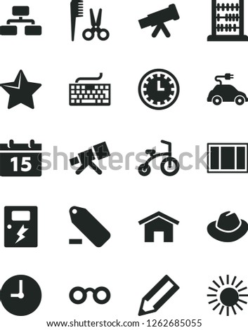 Solid Black Vector Icon Set - clock face vector, keyboard, hat, remove label, accessories for a hairstyle, child bicycle, abacus, window frame, dangers, home, wall, calendar, star, flowchart, pencil