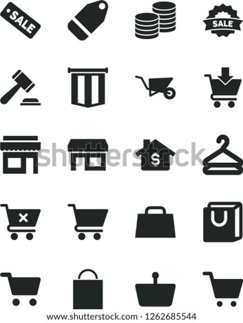 Solid Black Vector Icon Set - paper bag vector, hammer of a judge, building trolley, cart, put in, crossed, with handles, coins, hanger, label, stall, shopping, basket, hand, season sale, mortgage