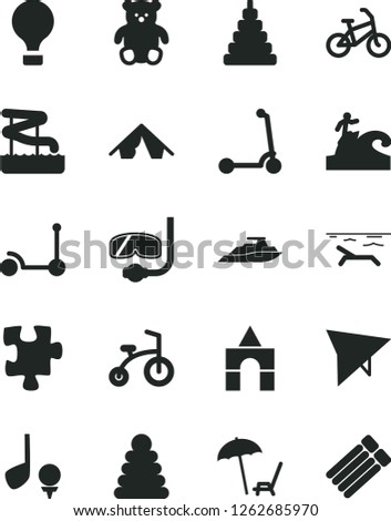 Solid Black Vector Icon Set - stacking rings vector, toy, small teddy bear, box of bricks, child bicycle, Kick scooter, Puzzle, air balloon, hang glider, bike, tent, beach, arnchair under umbrella