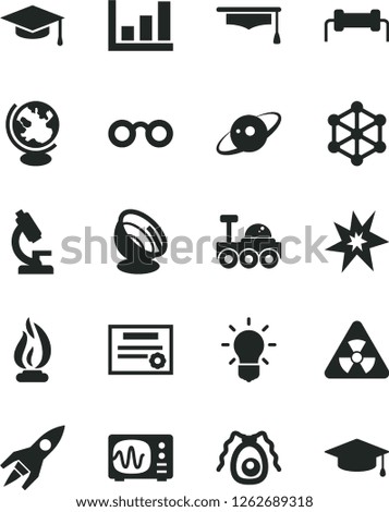 Solid Black Vector Icon Set - microscope vector, glasses, nuclear, bulb, bactery, globe, oscilloscope, flame, graduate hat, growth graph, satellite antenna, saturn, rocket, lunar rover, patente