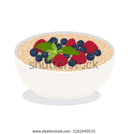 Breakfast. Oatmeal with berries (raspberry and blueberry) and milk in a bowl isolated on white background. Flat vector illustration, eps10
