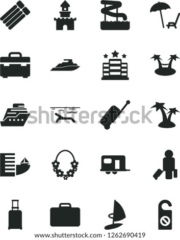Solid Black Vector Icon Set - suitcase vector, sand castle, camper, passenger, rolling, case, hotel, beach, arnchair under umbrella, palm tree, hawaii wreath, aquapark, cruiser, hammok, yacht