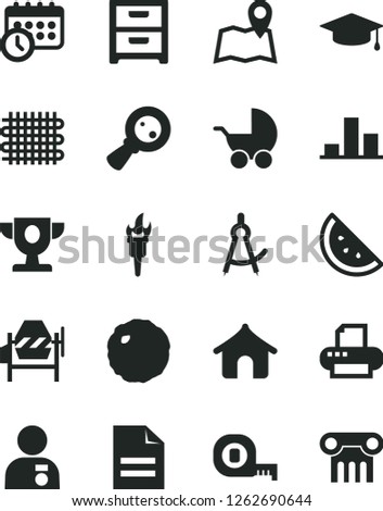 Solid Black Vector Icon Set - scribbled paper vector, baby stroller, concrete mixer, measuring tape, nightstand, cabbage, orange slice, weaving, magnifying glass, chart, printer, schedule clock, map