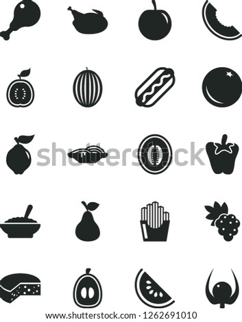 Solid Black Vector Icon Set - cheese vector, Hot Dog, slices of onion, a bowl buckwheat porridge, chicken, leg, peper, fried potato, pear, orange, grape, quince, melon, slice, water, half, loquat