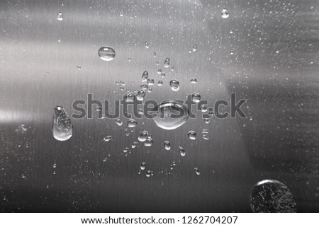 Drops of water on a color background. Gray. Shallow depth of field. Selective focus. Blur