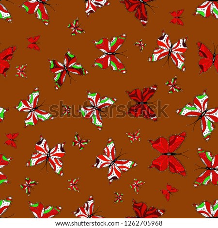 Fashion Fabric Design. Vector. Illustration in brown, white and red colors. Tropical seamless pattern with Exotic Butterflies.