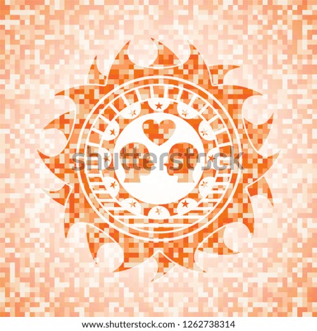 couple in love icon inside abstract emblem, orange mosaic background