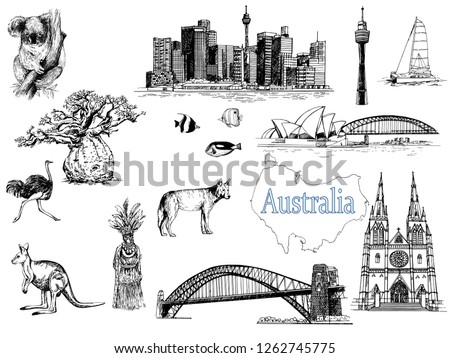 Set of hand drawn sketch style Australia themed objects isolated on white background. Vector illustration.