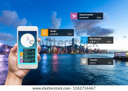 Navigation information technology about nearby businesses and services on smartphone screen guide customer or tourist in the city