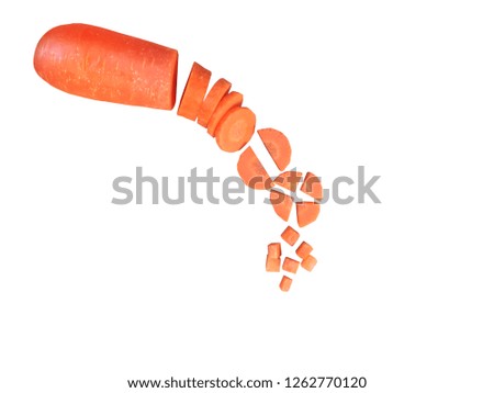 Juicy carrot transform concept from raw to slice shape for cooking isolated on white background