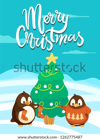 Merry Christmas penguins wearing warm clothes standing by tree vector. Animals in knitted sweater with pine print, fir with star and decoration baubles