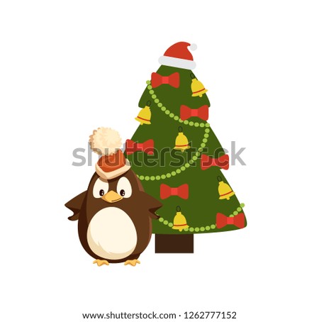 Penguin in Santa hat near decorated Christmas tree. Bird in headdress, beads and jingle bells, bows on fir or spruce, New Year celebration vector