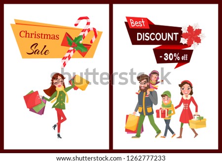 Best discount Christmas sale 30 percent off set winter holiday vector. Family mother father and daughter with packages and presents, lollipop stick candy