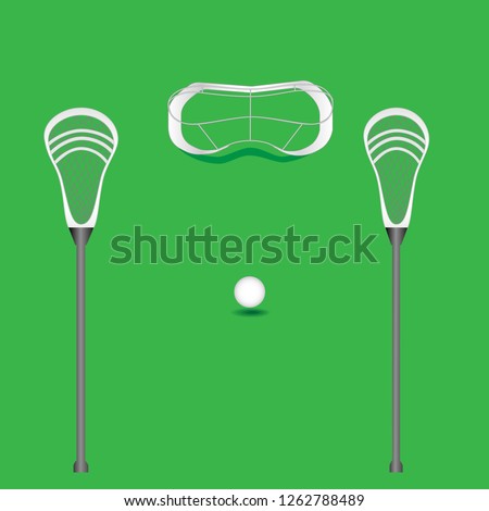 An top view of a realistic lacrosse equipment with sticks, ball and mask on green background