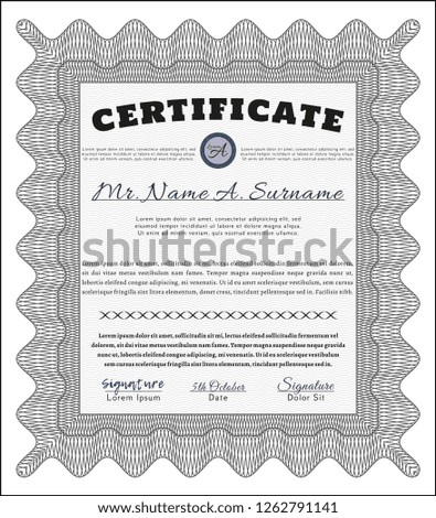 Grey Classic Certificate template. With complex background. Cordial design. Vector illustration. 