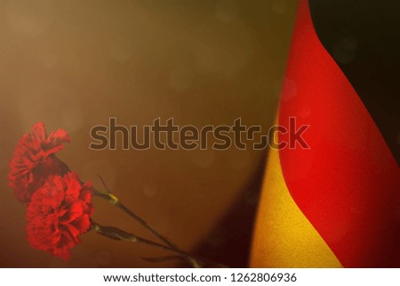 Germany flag with two red carnation flowers for honour of veterans or memorial day on orange dark velvet background. Germany glory to heroes of war concept.