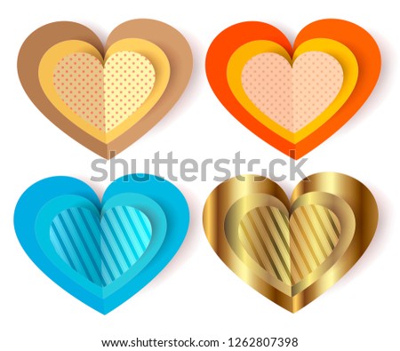 Set colorful 3D paper hearts isolated on white background. Cute vintage hearts for design greeting card or banner on Valentine's day. Vector illustration paper cut style.