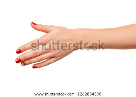 Beautiful woman hand sign holding isolated on white background