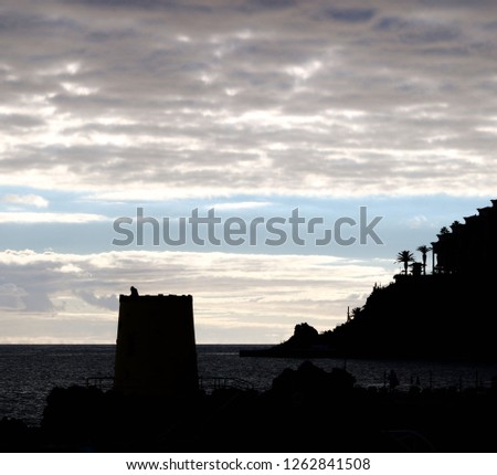 Funchal Madeira Looking Out To Sea At Dusk With Silhouettes Of Tower And Palm Trees On Hillside Under Pale Blue And Fluffy Cloudy Sky