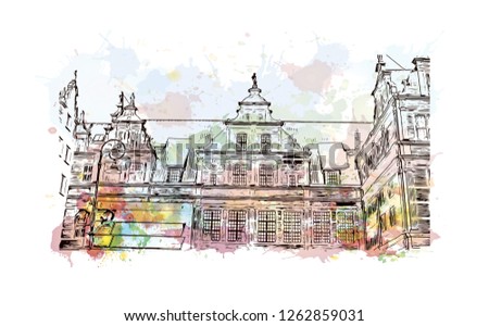 Building view with landmark of Gdansk (Danzig in German) is a port city on the Baltic coast of Poland. Watercolor splash with Hand drawn sketch illustration in vector.