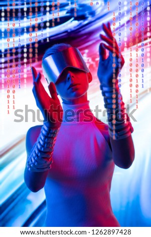 Girl in virtual glasses on colored abstract background