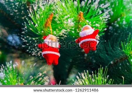 Merry Christmas - christmas tree. mini santa claus dolls are hanging - shot at Kolkata, India
