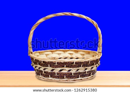 Blank Wicker baskets for Gift set pack up on wood table isolated on Blue Screen Background, Crafts Bamboo basket weave on Blue Screen Stock for Footage Video, Empty Gift Baskets Wicker for Souvenir