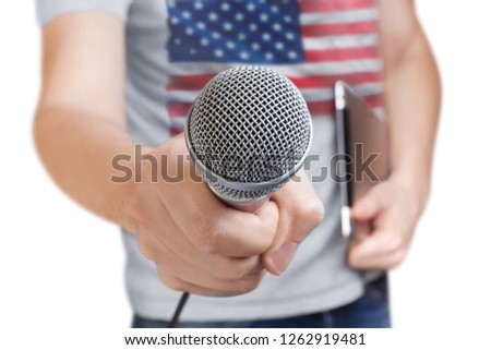 American journalist holding a microphone, isolated on white background