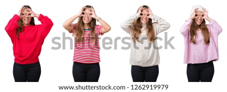 Collage of beautiful young woman over isolated background doing ok gesture like binoculars sticking tongue out, eyes looking through fingers. Crazy expression.