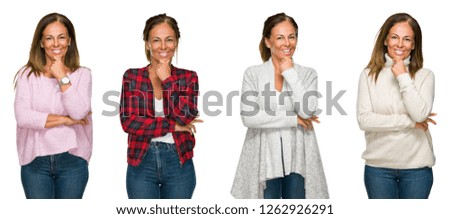 Collage of beautiful middle age woman wearing winter sweater over white isolated background looking confident at the camera with smile with crossed arms and hand raised on chin. Thinking positive.
