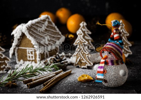 Homemade gingerbread house on black night background and snowman toy. Christmas dark photo. Tangarines, anis stars, cinnamon sticks and cones. Sweet winter ginger cookies picture.