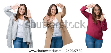 Collage of beautiful plus size woman over isolated background Smiling doing frame using hands palms and fingers, camera perspective
