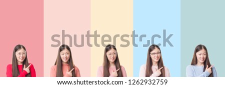 Collage of beautiful asian woman over colorful stripes isolated background cheerful with a smile of face pointing with hand and finger up to the side with happy and natural expression on face
