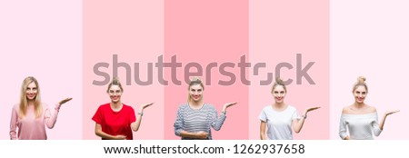 Collage of young beautiful blonde woman over vivid colorful vintage pink isolated background smiling cheerful presenting and pointing with palm of hand looking at the camera.
