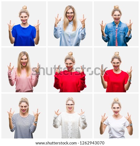 Collage of young beautiful blonde woman over white isolated background shouting with crazy expression doing rock symbol with hands up. Music star. Heavy concept.